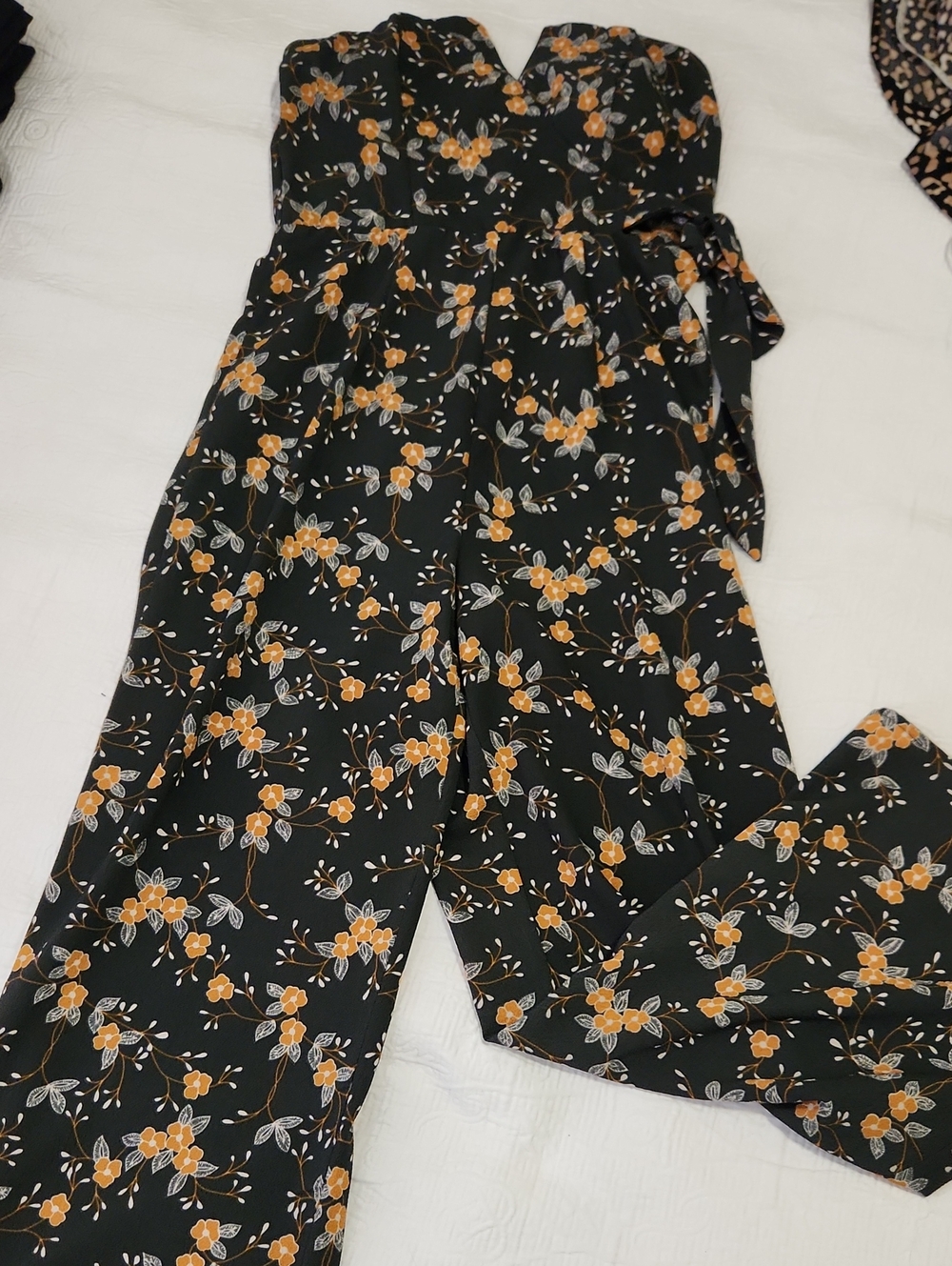 Strapless Floral Jumpsuit in Dark Grey with Mustard Blossoms